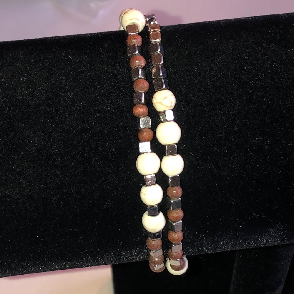 Beaded Boho Wooden Bracelet Set in Cream and Brown